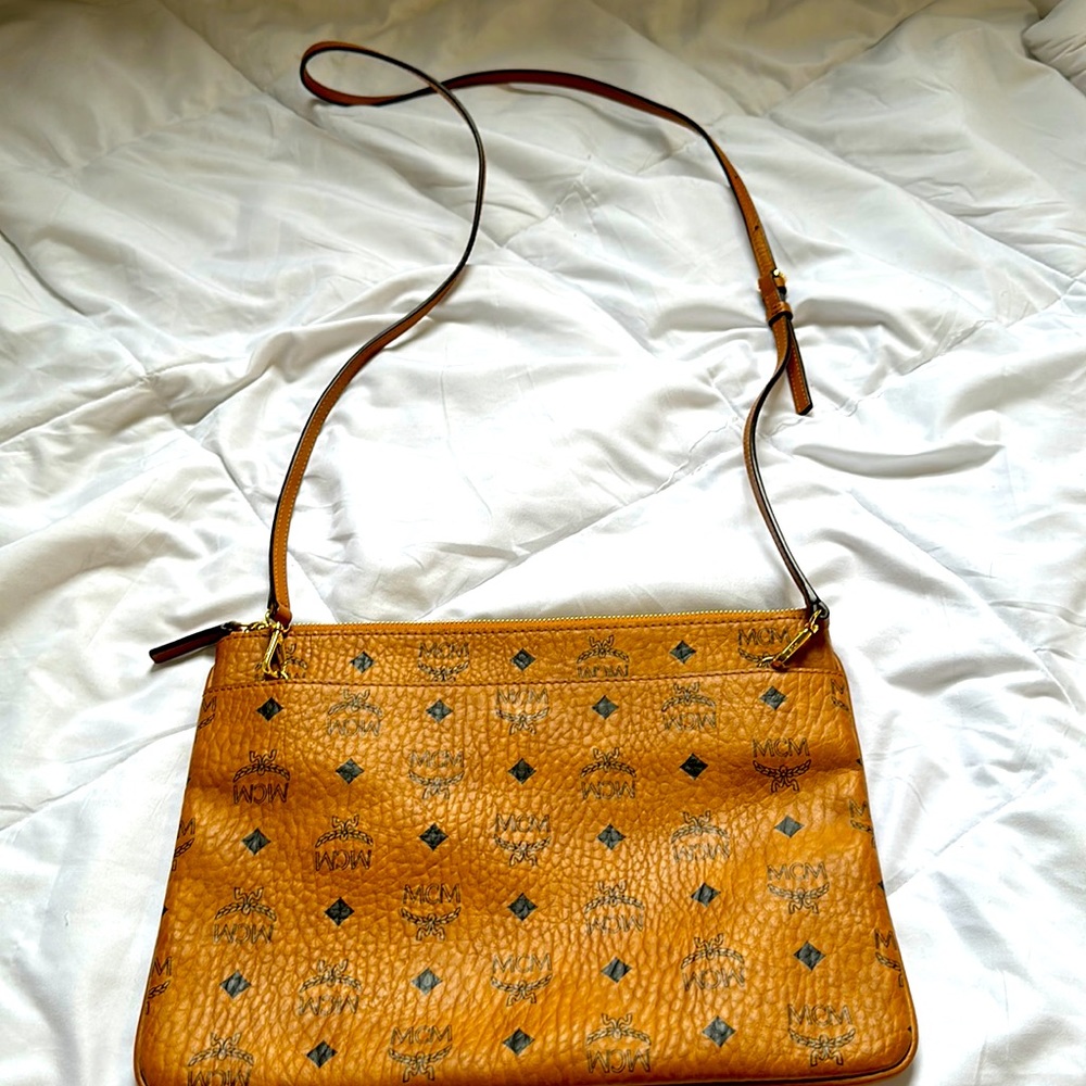 MCM Visetos Medium Crossbody Pouch Cognac